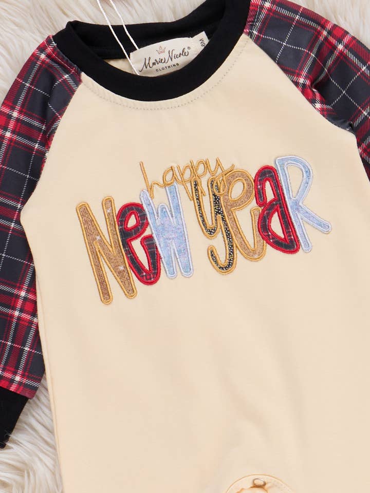 Marie Nicole Clothing - Wholesale Jumpsuit - Baby - "Happy New Year" Plaid Embroidered Romper1