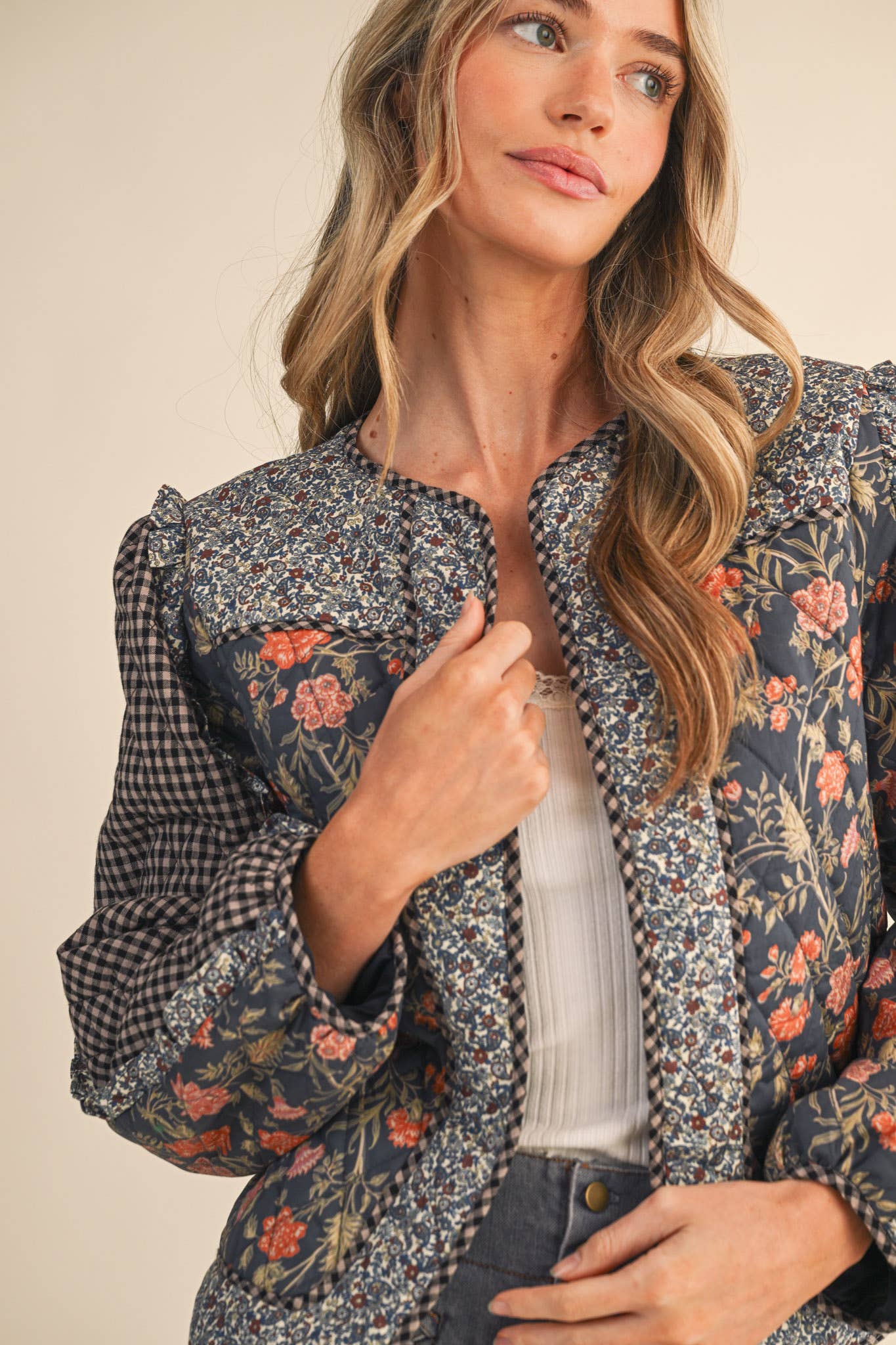 BURGUNDY MULTI MIXED PRINT QUILTED JACKET WITH RUFFLE TRIM MJK4531 for wholesale on Faire9