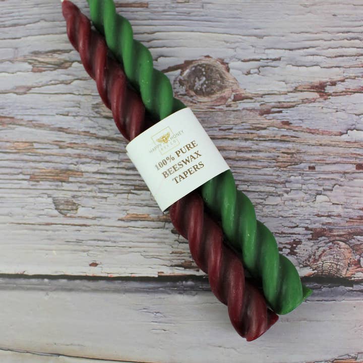 Happy Honey Bee Co. - Wholesale Tapered Candle/Candlestick - Twisted Taper Beeswax Candles, 7 Inches Burgundy Red & Green8