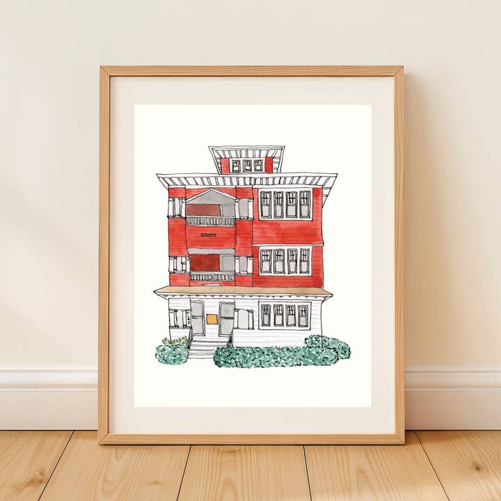 Rouge Triple Decker - Art Print Maison de la Nouvelle-Angleterre - Aquarelle pour la vente par Sarah Wormann Art