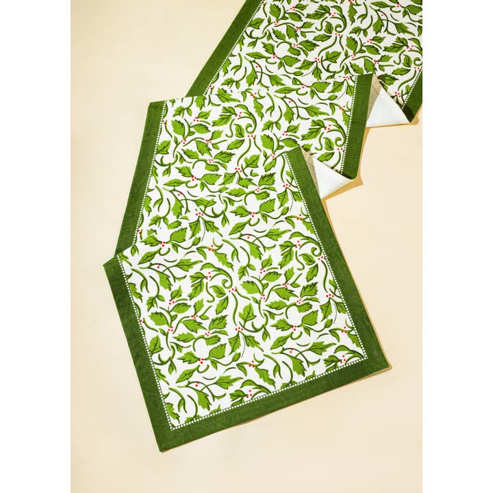 Tiramisu - Wholesale Table Runner - Evergreen Elegance Block Print Cotton Table Runner