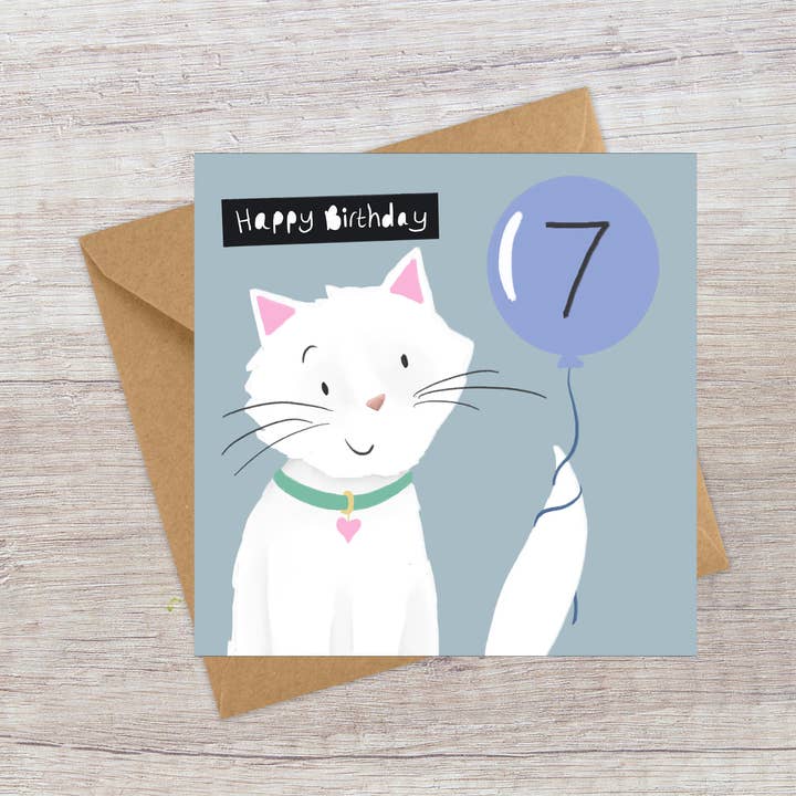 Carte d'anniversaire pour 7 ans - Cute Cat pour la vente par Lucy Driver Illustration