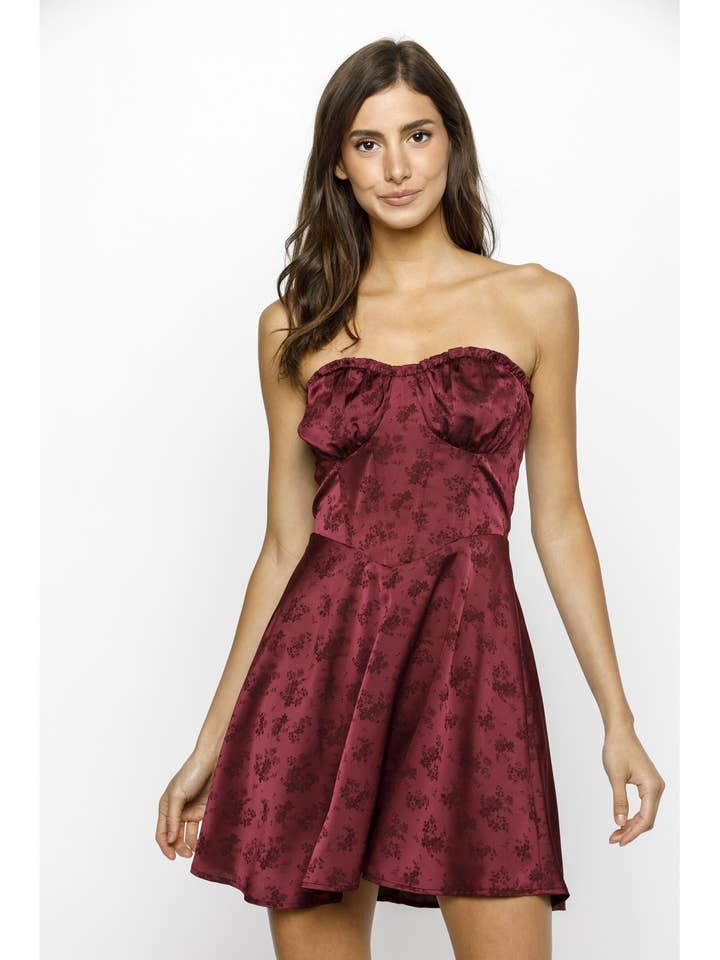 JD7056-EMBOSSED STRAPLESS A-LINE MINI DRESS for wholesale by STORIA