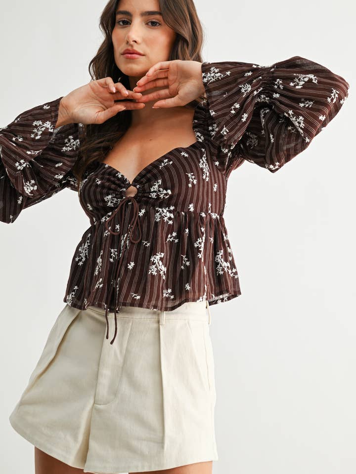 FLORAL TIE-FRONT PEPLUM TOP - CJT26694A for wholesale by Camellia