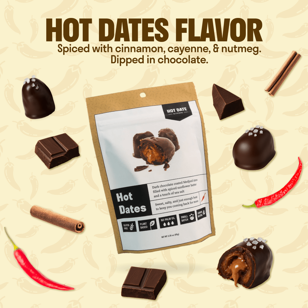 Hot Date Kitchen - Vendita all'ingrosso Dolci ricoperti di cioccolato - Dattero Medjool della California ricoperto di cioccolato: ripieno di burro di semi di girasole speziato (3 per confezione)2
