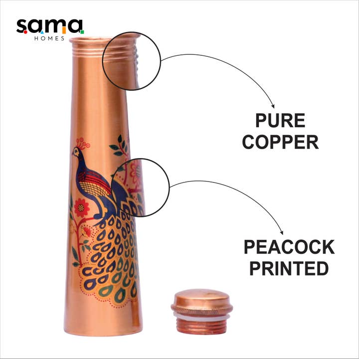 Pure Copper Water Bottle Unique Peacock Printed Designed Capacity 1000ML for wholesale on Faire2