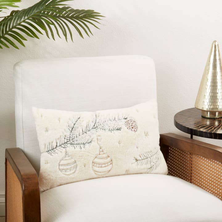 White Winter Wonderland Faux Fur Pine Needle and Ornament Pillow for wholesale on Faire