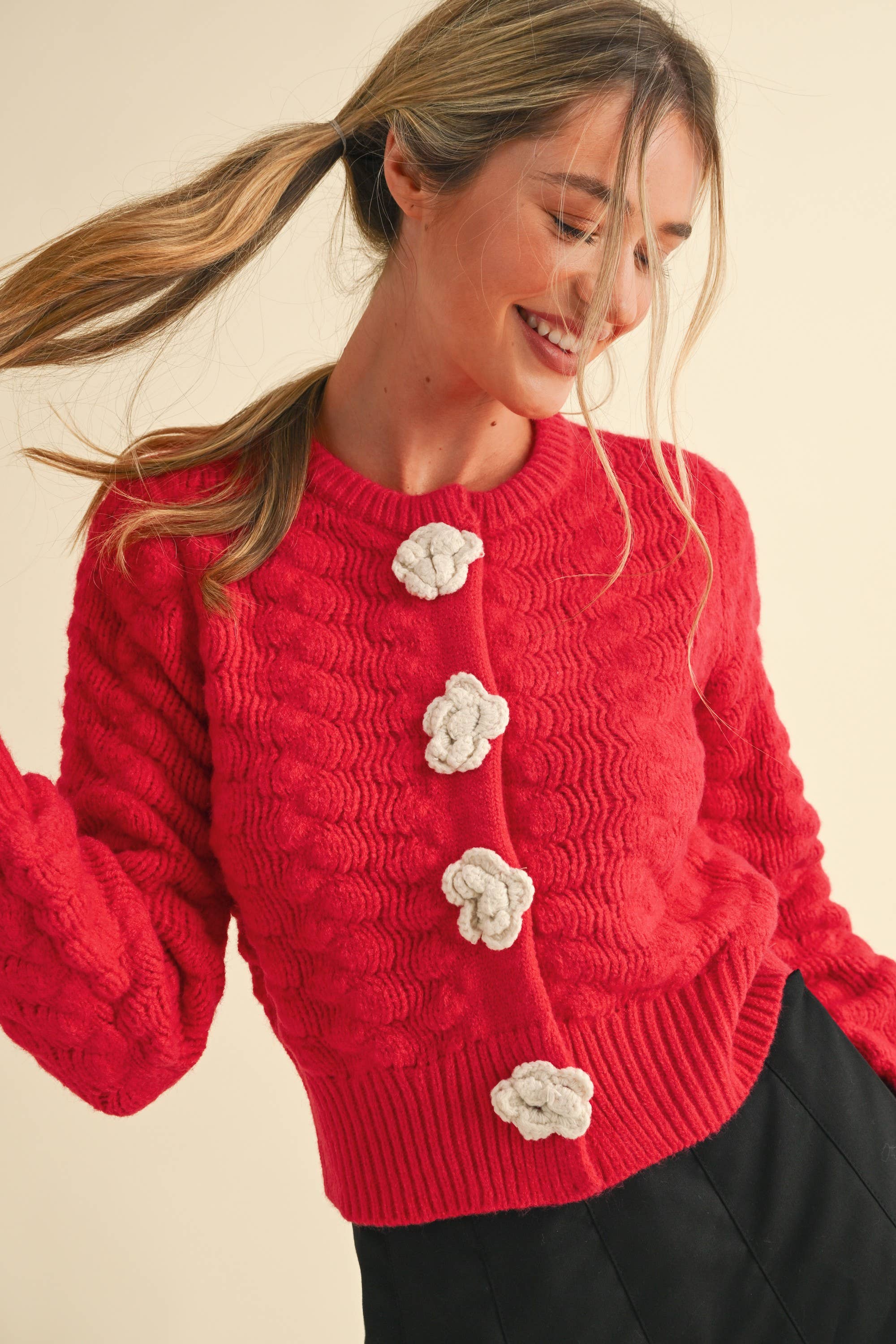 &MERCI - Wholesale Cardigan - Women's - TEXTURED SWEATER CARDIGAN WITH KNIT ROSETTE DETAIL MSW107357