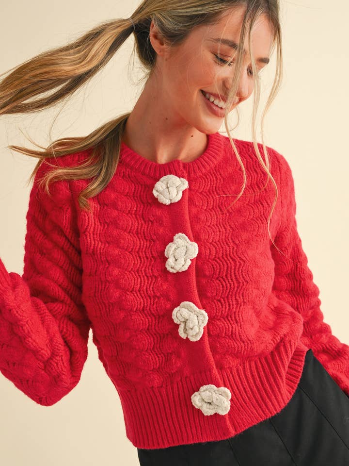 &MERCI - Wholesale Cardigan - Women's - TEXTURED SWEATER CARDIGAN WITH KNIT ROSETTE DETAIL MSW107357