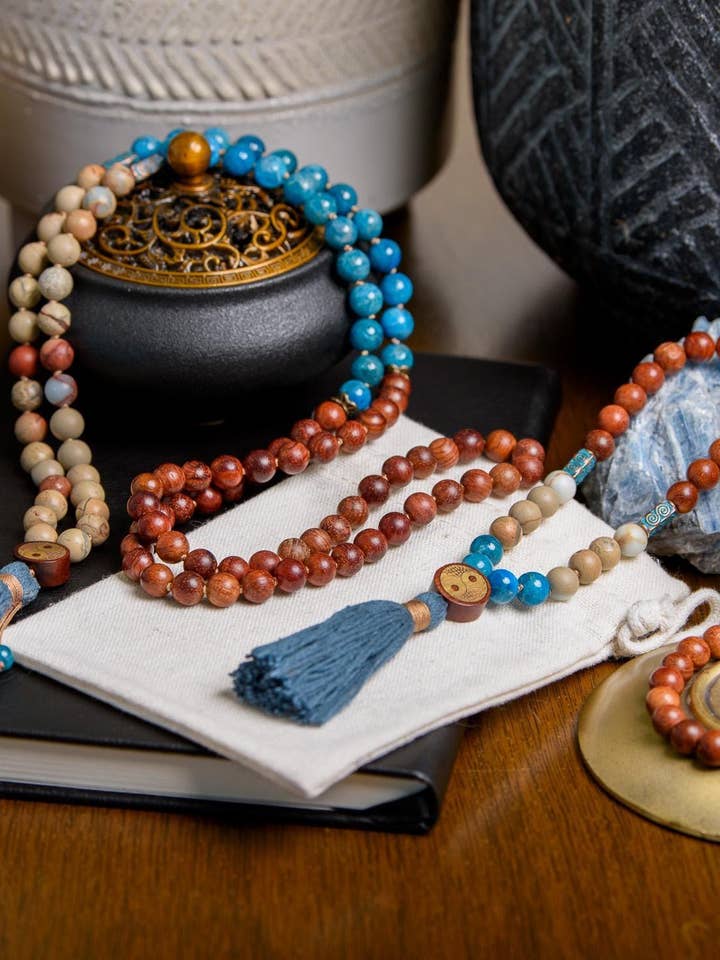 Serpentine, Apatite & Sandalwood 108-Bead Reiki Mala for wholesale by Samadhi Mala Beads