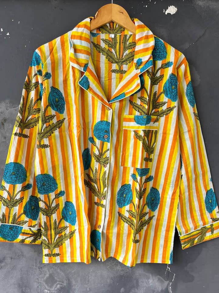 bhavnas boutique – Großhandel Schlafanzug-Set – Damen – Pyjama-Set aus reiner Baumwolle mit indischem Blumenmuster, Hosen, Hemd-Sets1