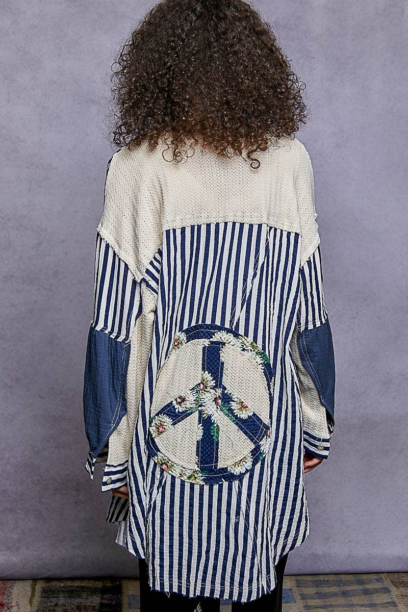NAVY STRIPE Oversized Peace Patch Button Down Plaid Shirt Jacket for wholesale on Faire4
