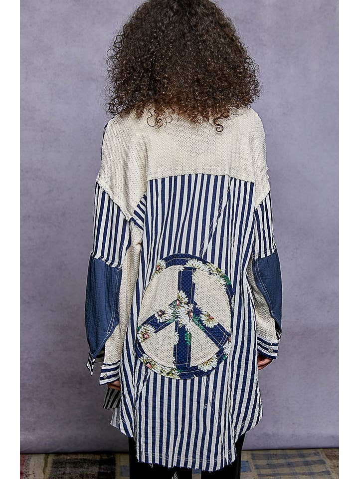 NAVY STRIPE Oversized Peace Patch Button Down Plaid Shirt Jacket for wholesale on Faire4