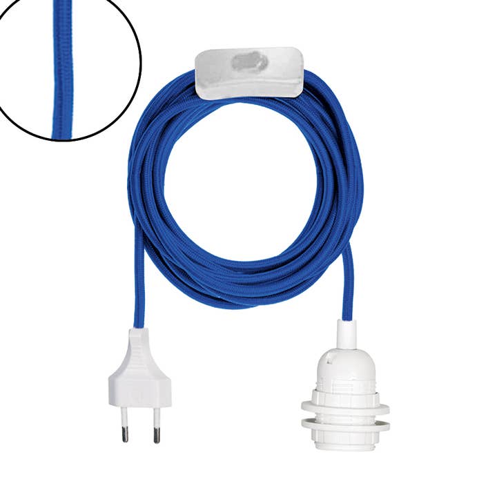 Suspension douille baladeuse blanche 400cm câble tissé bleu prise pour la vente par Opjet Paris