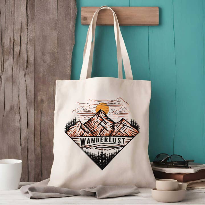 Wanderlust Mountain Tote Bag | Adventure Tote Bag | 2 Styles for wholesale by EllieBeanPrints