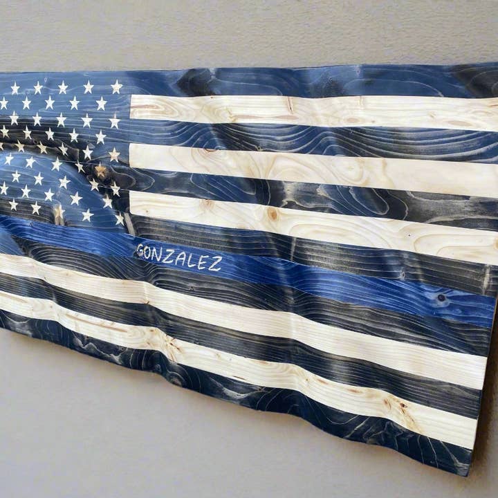 Rugged Cross Creations - Wholesale Wall Sign - Waving Wooden Thin Blue Line Police Flag9