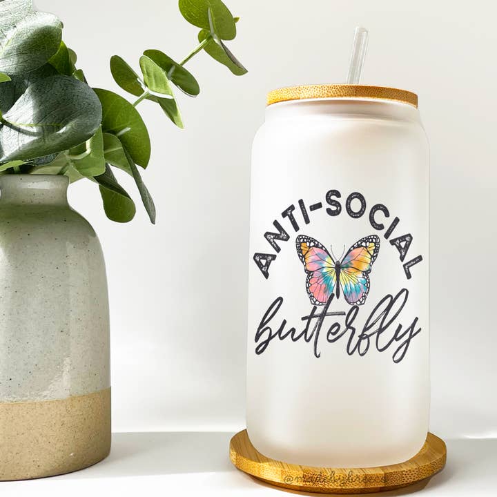 Mental Health Cup, Iced Coffee Glass, Butterfly Glass for wholesale by Breeco