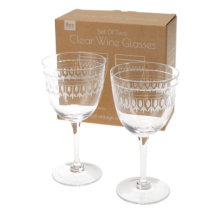 Rex B2B - Europe - Wholesale Wine Glass - Vintage etched wine glasses 250ml (set of 2) - Clear