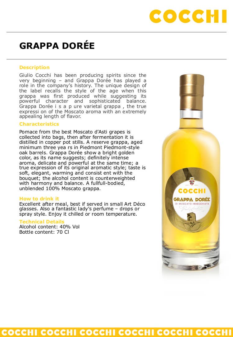 Metina SAS – Großhandel Brandy/Cognac – Dorée Grappa von Moscato Cocchi 70 cl5