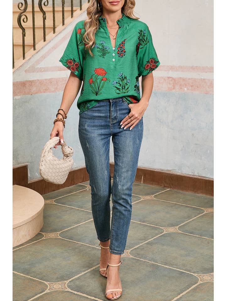 Bright Green Floral Buttoned V-Neck Summer Blouse for wholesale on Faire