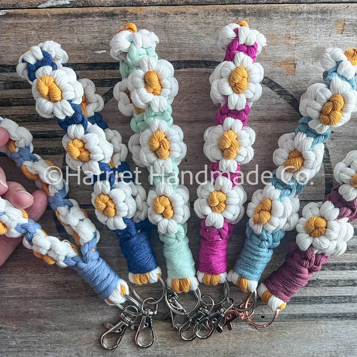 Floral Daisy Chain Macrame Wristlet Keychain, 50+ Colors for wholesale by Harriet Handmade Co.