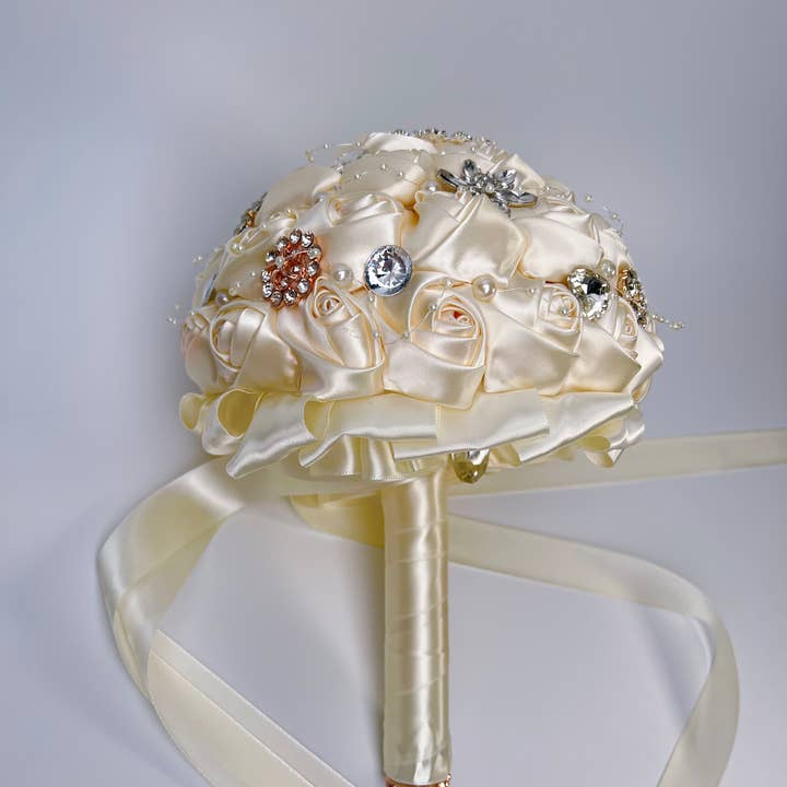 Floris Linens - Wholesale Artificial Flowers - Rhinestone / Pearl Bridal Brooch Rose Bouquet for Wedding