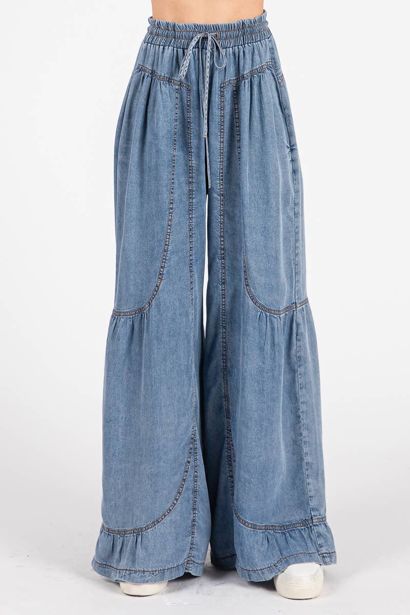 DENIM MINERAL WASHED WESTERN WIDE LEG PALAZZO CHAMBRAY PANTS for wholesale on Faire5