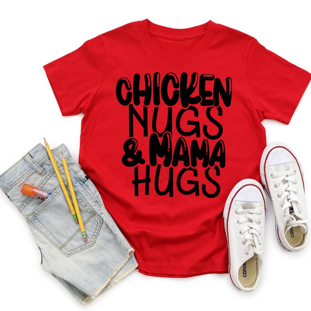 Kids By Kissed Apparel – T-shirts estampadas – Criança por atacado – Camiseta gráfica Chicken Nugs and Mama Hugs com tinta preta2