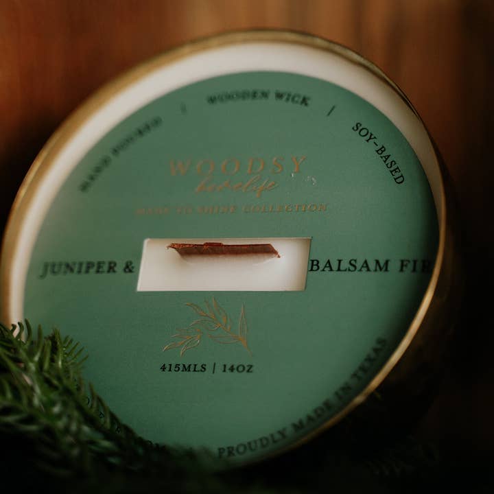Woodsy Homelife - Wholesale Jar/Filled Candle - Juniper & Balsam Fir-Solid Brass 14oz Pure Soy Candle1