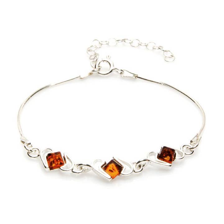 Square cognac amber bracelet, sterling silver 925, length 16+3 cm for wholesale by OPALOOK France