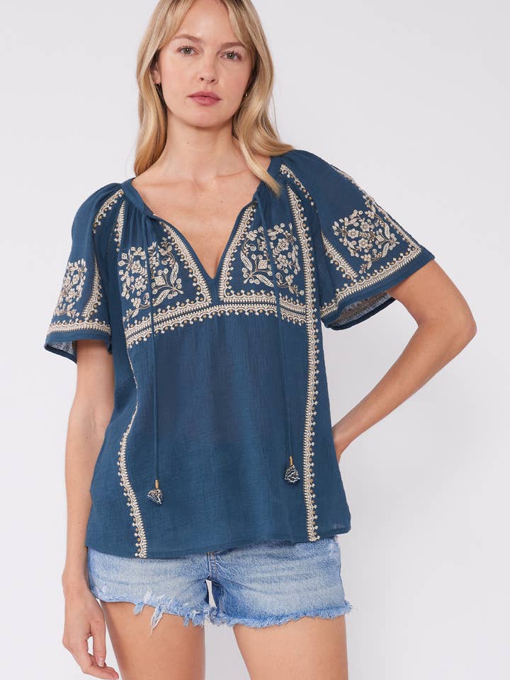 Embroidered Raglan Short Sleeve Split Neck Top for wholesale by Lovestitch