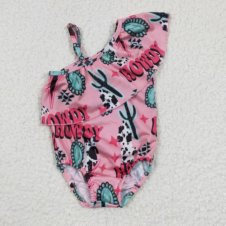 Aier Wholesale - Wholesale One Piece Swimsuit - Kids - Baby Girls Howdy Turquoise Western One Piece Ruffle Swimsuit
