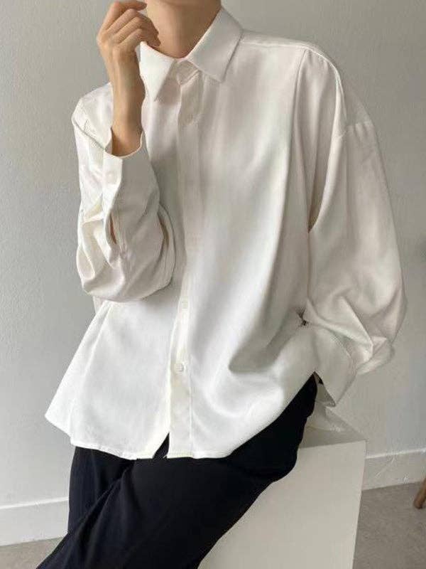 StyleGalX - Wholesale Button Down Shirt - Women's - Simple Long Sleeves Loose Buttoned Pleated Solid Color Lapel Collar Blouses&Shirts Tops2