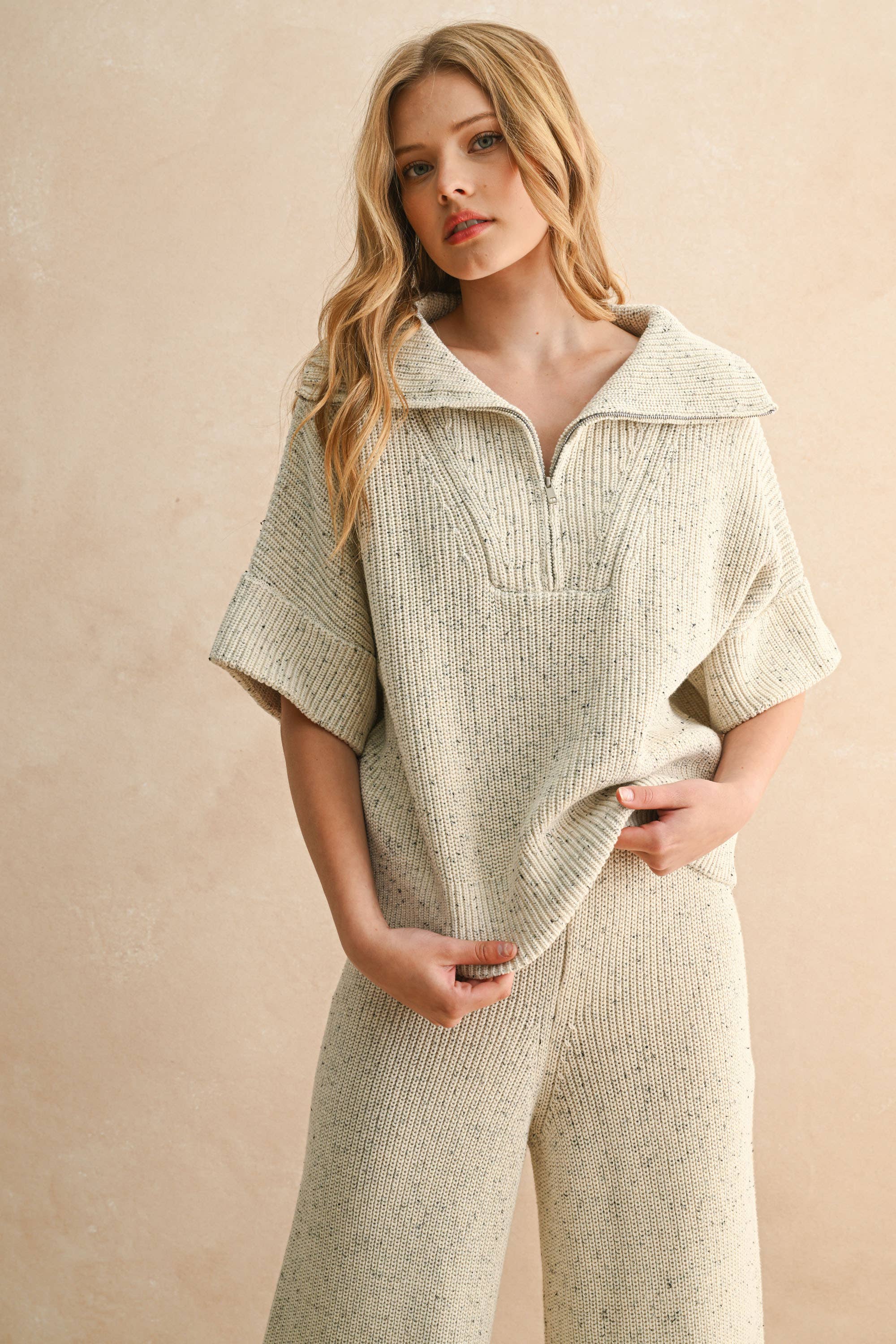 SALT AND PEPPER T5247ST HALF ZIP SHORT SLEEVE KNITTED TOP for wholesale on Faire