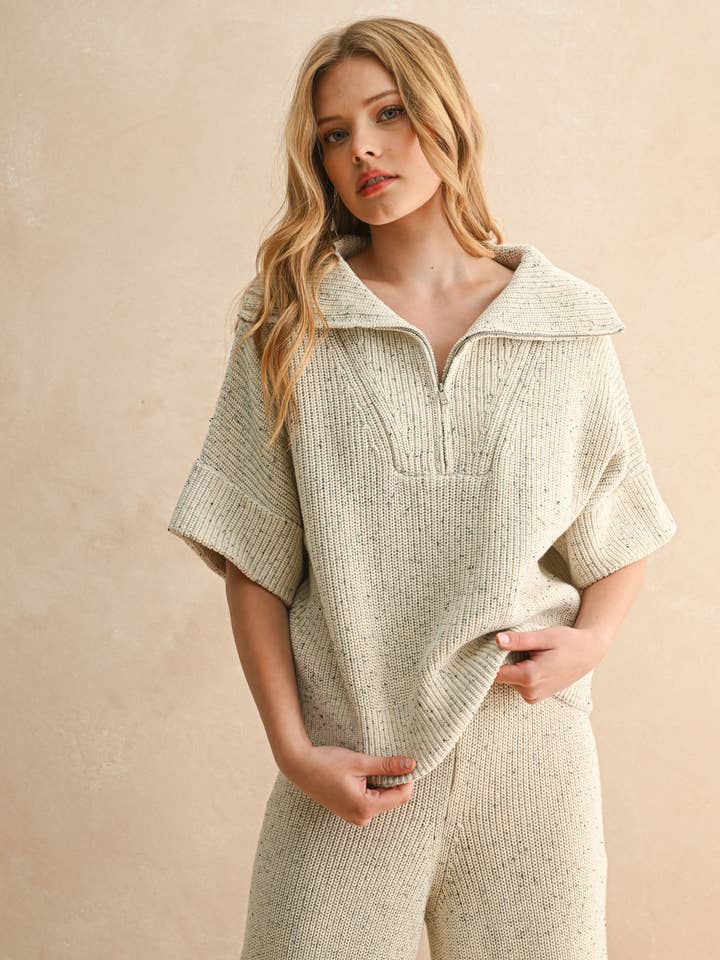 SALT AND PEPPER T5247ST   HALF ZIP SHORT SLEEVE KNITTED TOP for wholesale on Faire0