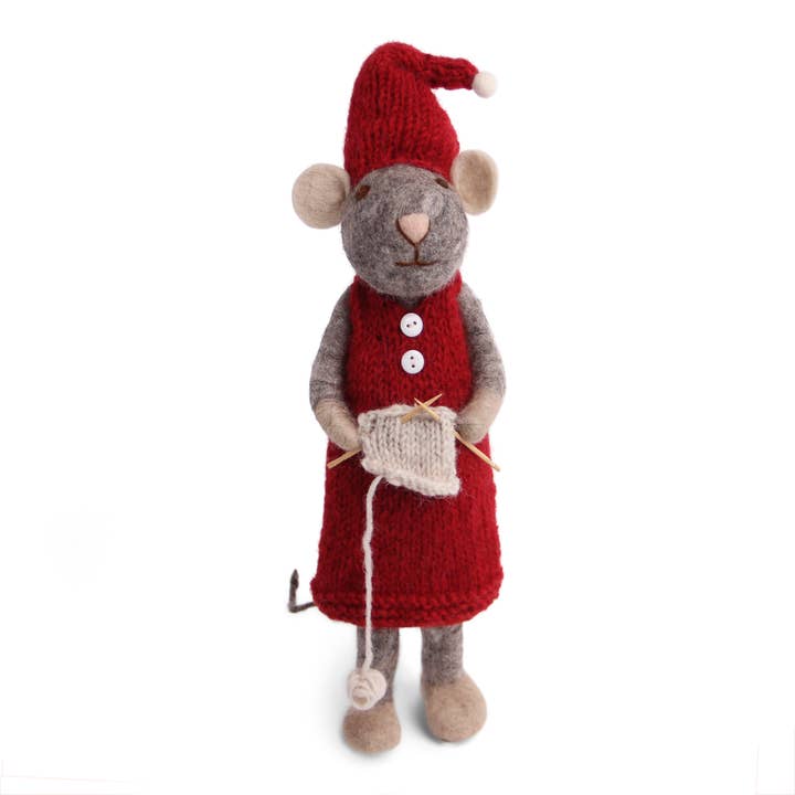 Gry and Sif - Wholesale Christmas Decoration - X-Large Grey Girly Mouse w/Knitting