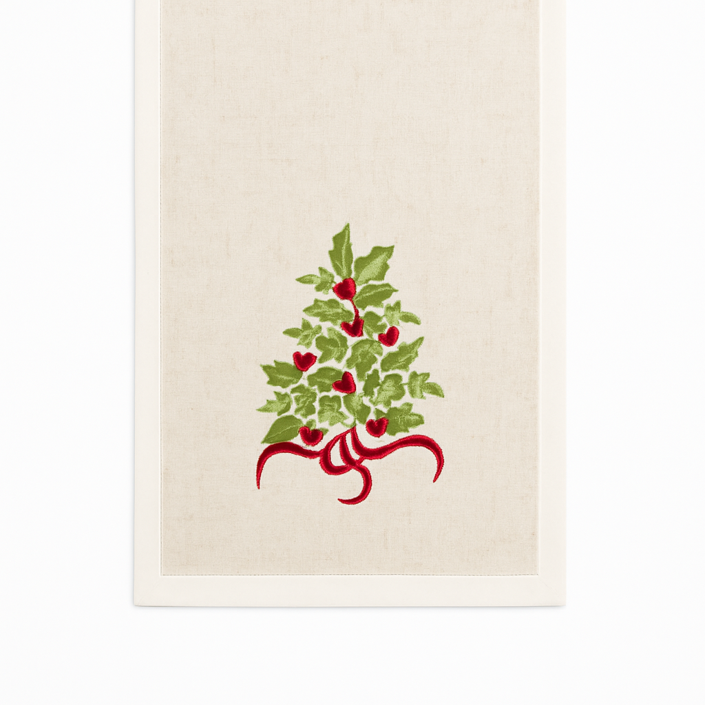 Fennco Styles - Wholesale Table Runner - Natural and White Embroidered Holly Tree Table Runner1