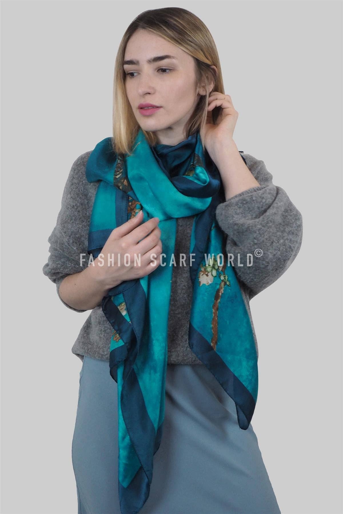 Blue Van Gogh Almond Blossom Print Silk Scarf for wholesale on Faire2