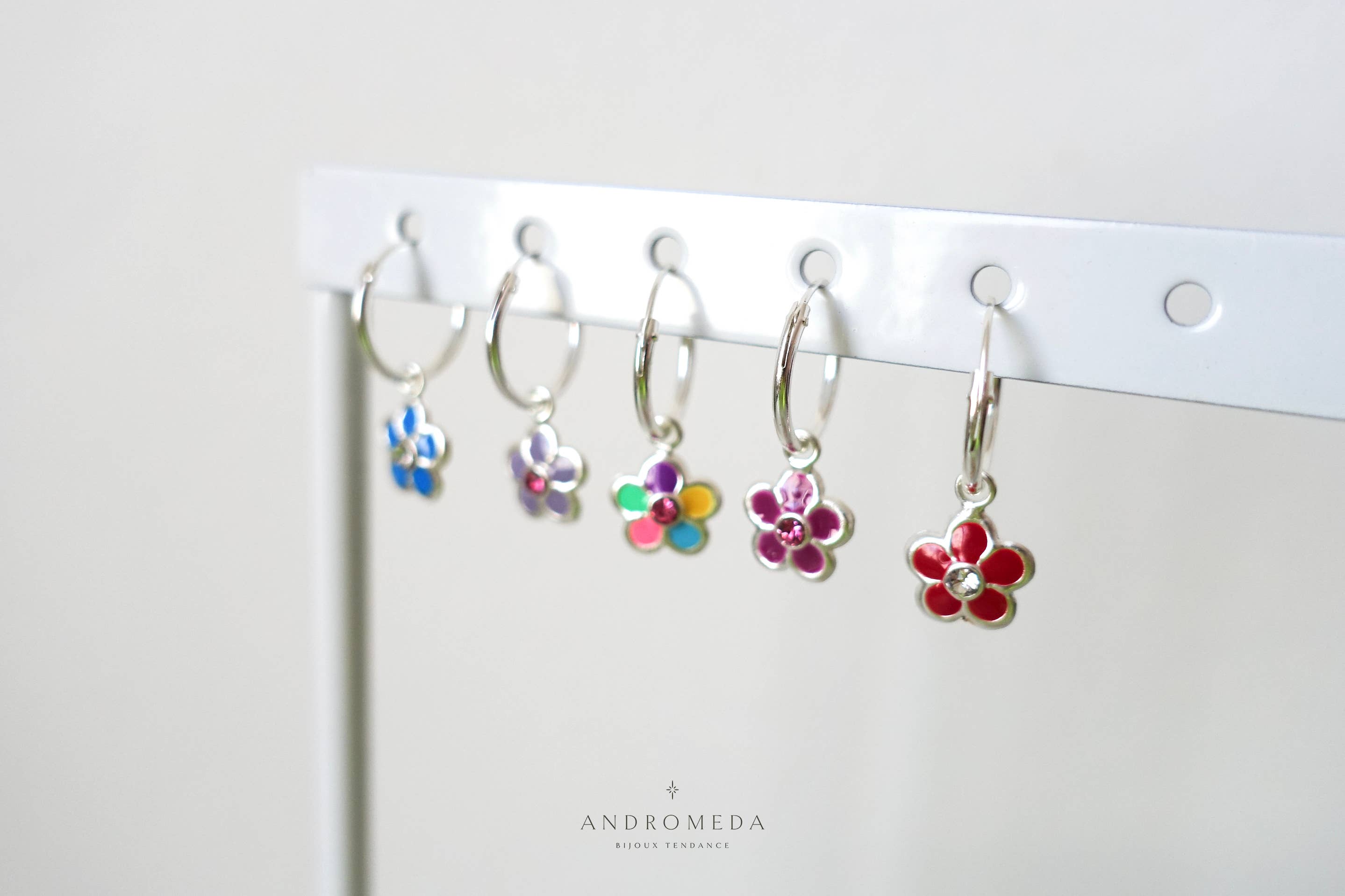 Andromeda Bijoux - Wholesale Huggie Earrings - Enamel Flower Huggies, Colorful Crystal 925 Silver Earrings5