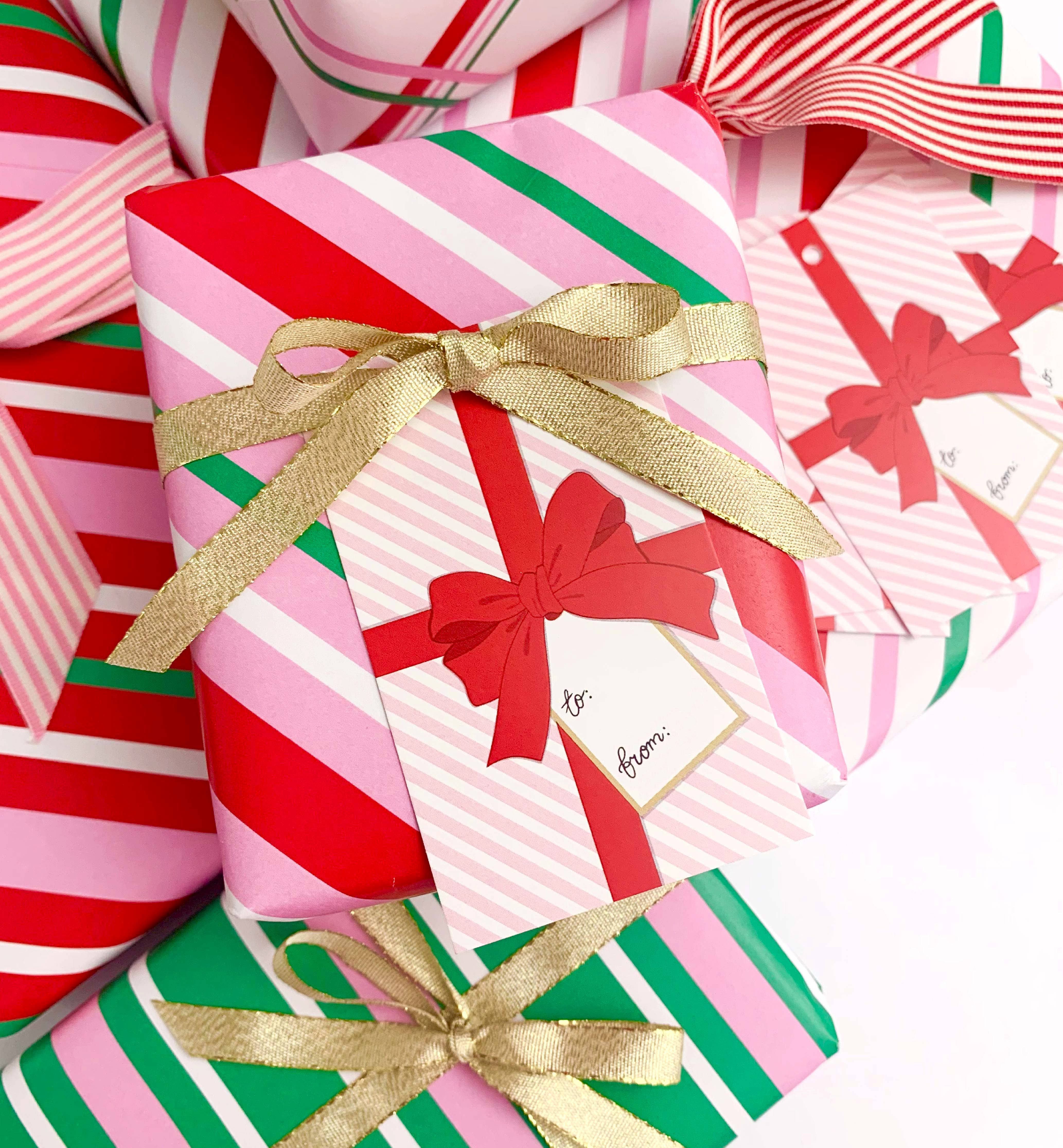 Black Bow Studio – wholesale Gift tag – Pink Stripe Red Bow Gift Tags - Set of 81