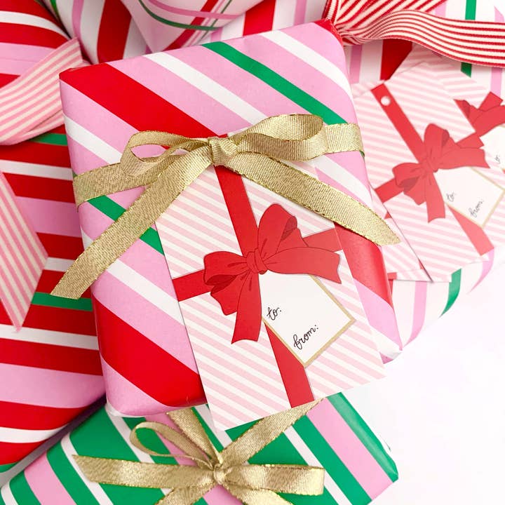 Black Bow Studio - Wholesale Gift Tag - Pink Stripe Red Bow Gift Tags - Set of 81