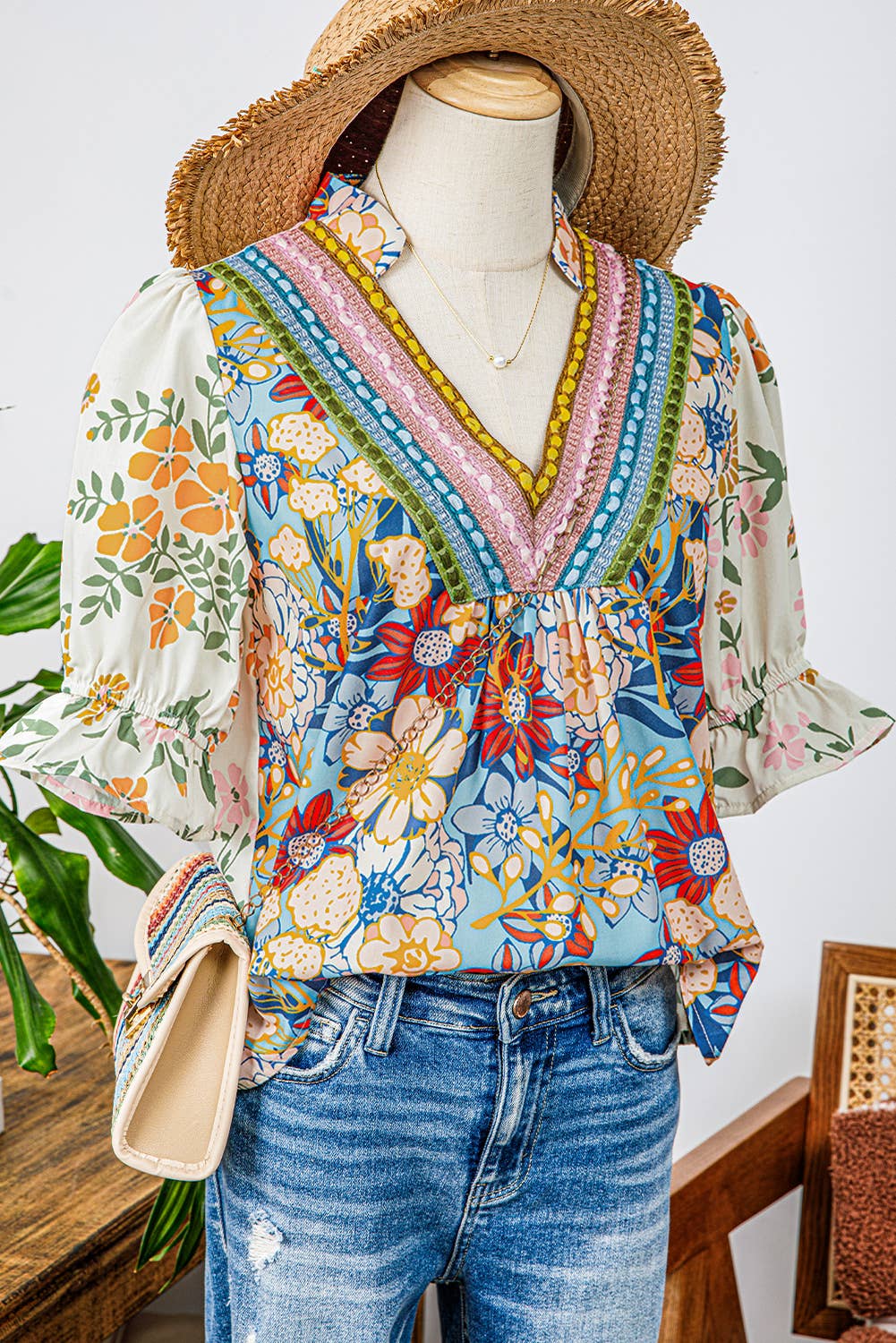 As shown Fashion-W Crochet Boho Half & Long Sleeve Floral Blouse for wholesale on Faire4