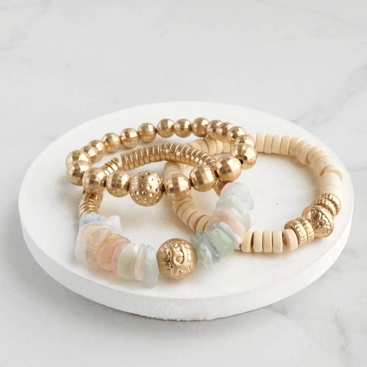 Boho Beads Bracelets set of 3 piece with Semi Precious stones beads in Green Peach Gold for wholesale by PennyLine inc