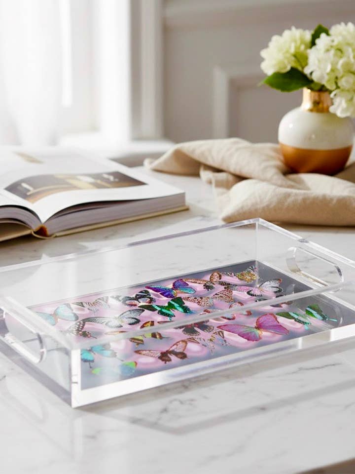 Roze & Grijze Vlinder Acryl Dienblad – Luminieuze Bijeenkomst voor wholesale door David Stesner ArtHouse