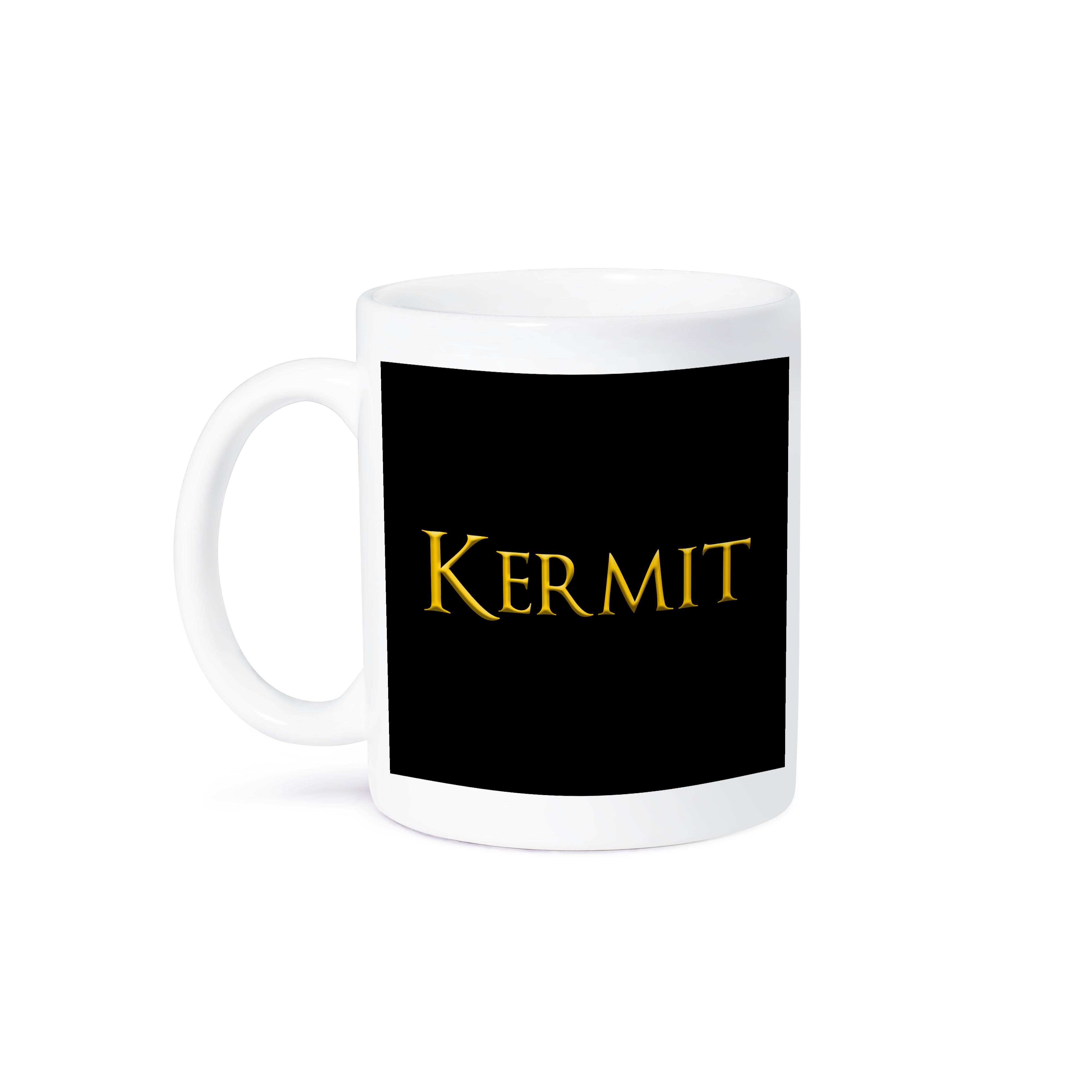 3dRose - Wholesale Coffee Mug - 3dRose, Kermit prominent boy name in the America. Yellow on black talisman, Mug8