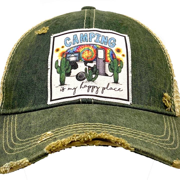 Camping Is My Happy Place Distressed Women's Trucker Hat for wholesale by Vintage Life
