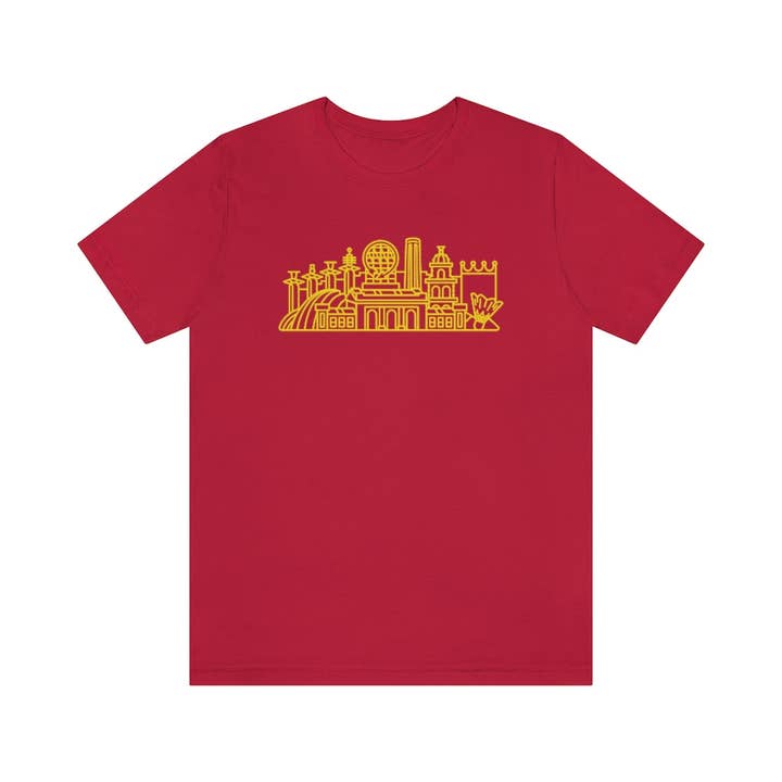 Kansas City Skyline – Tee Shirt – Red and Gold for wholesale by Knight Owl Design