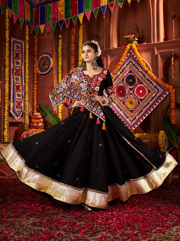 HATKE BRIDE - Wholesale Top & skirt set – Women's - Black Viscose Cotton Navratri Chaniya Choli For Indian Garba (9 Meters Flair) - Kutchi Patch Work, Thread Embroidery Work, Real Mirror Work
