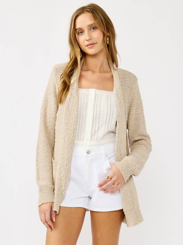 Light Khaki Cotton Popcorn Knit Cardigan with Pockets for wholesale on Faire0