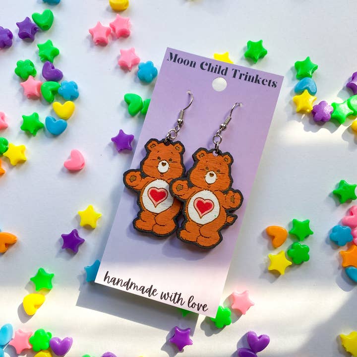 Tenderheart Care Bear Hand Painted Wood Dangle Earrings for wholesale by Moon Child Trinkets